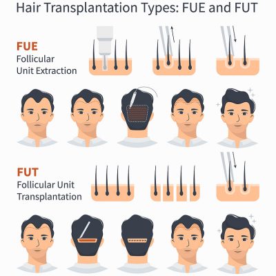 Types and stages of hair transplantation FUE and FUT Follicular Unit Extraction. Treatment of baldness, alopecia, mens hair loss. Vector medical infographics, a male head scalp. Strip, graft machine.